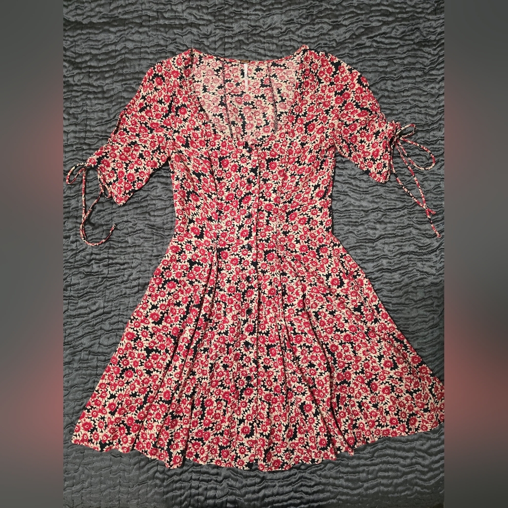 Free People Floral Long Sleeve Dress in Red and Black